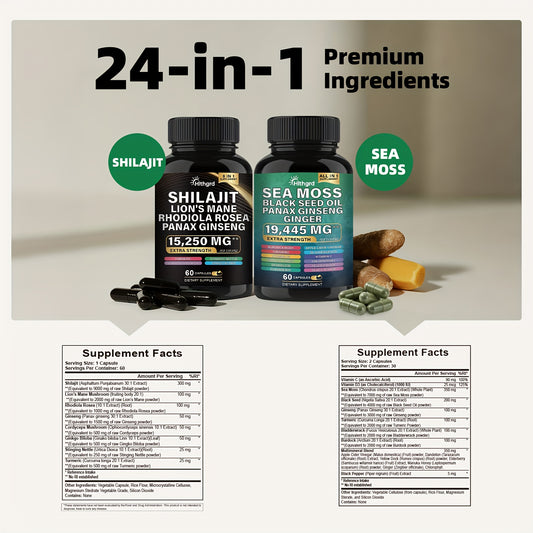 Two supplement bottles with ingredients listed on a neutral background