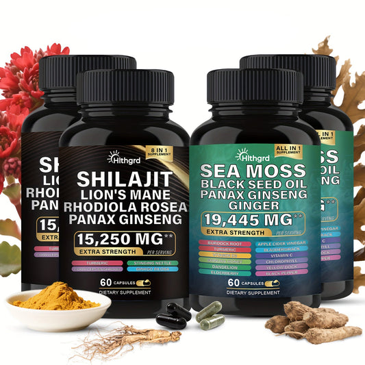 Four bottles of dietary supplements with ingredients and text on a white background