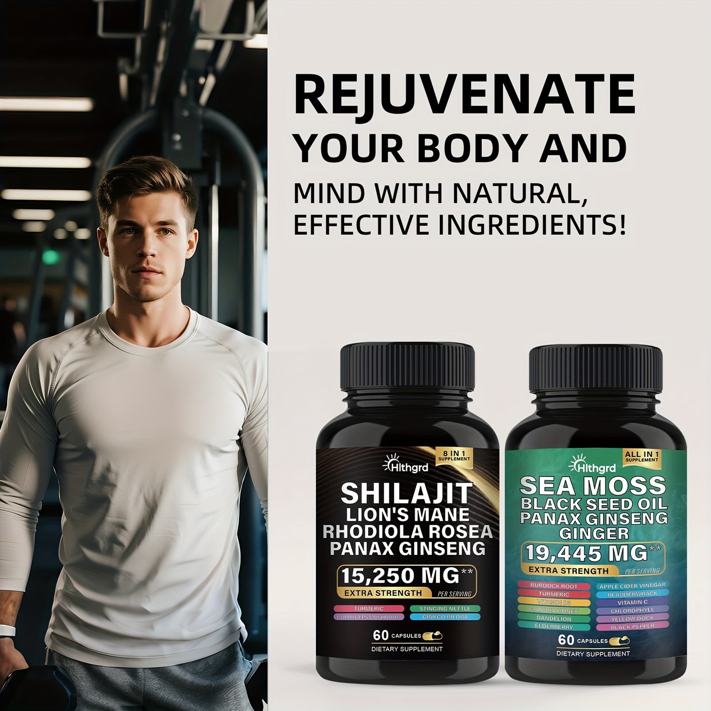 Man standing next to dietary supplement bottles with promotional text in a gym setting