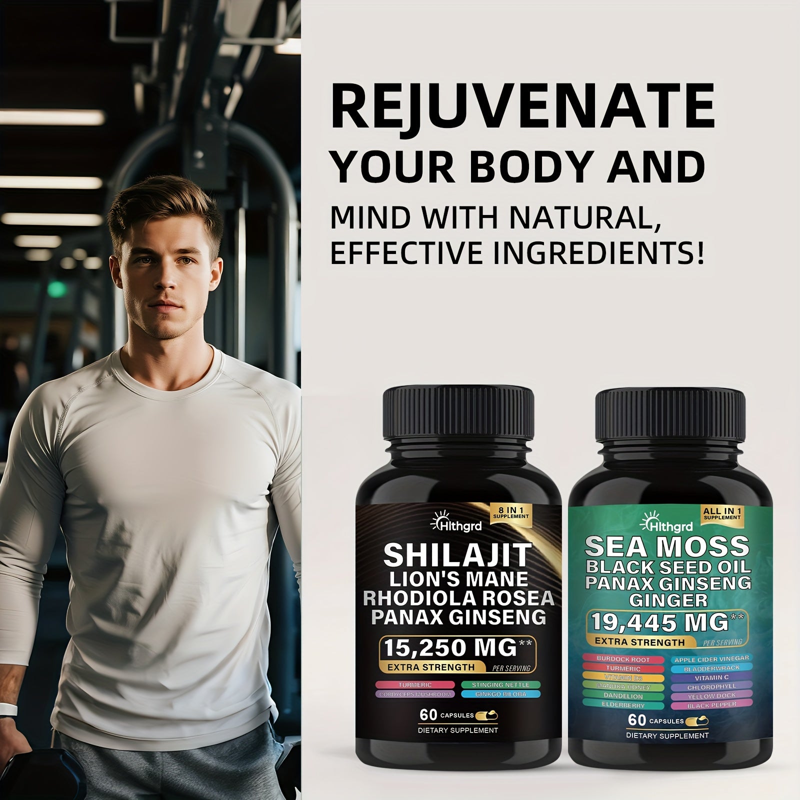 Man standing next to dietary supplement bottles with promotional text in a gym setting
