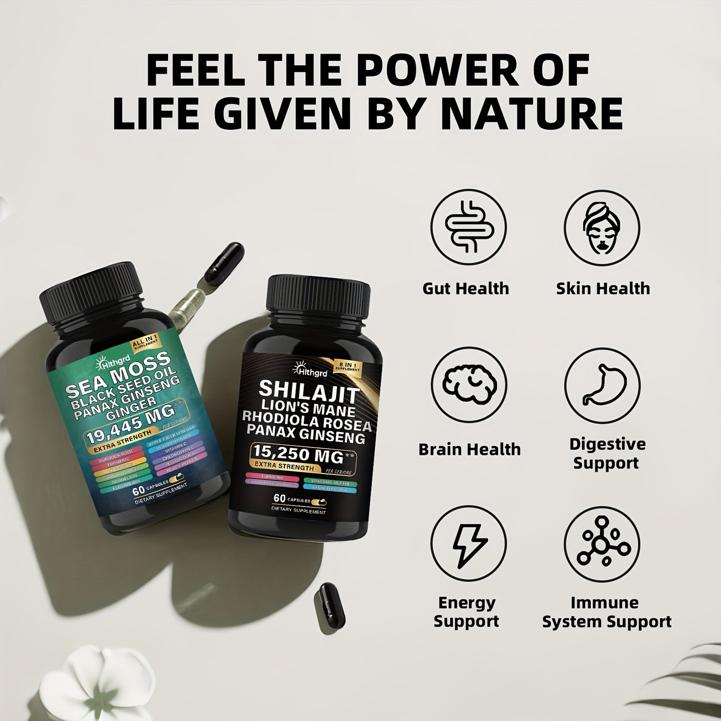 Two supplement bottles with health benefits listed on a light background