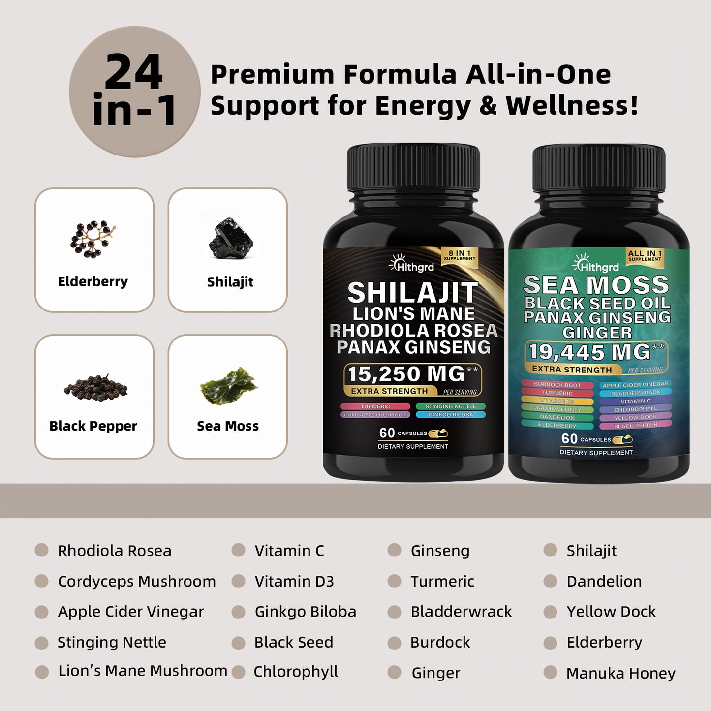 Two supplement bottles with ingredients listed on a light gray background