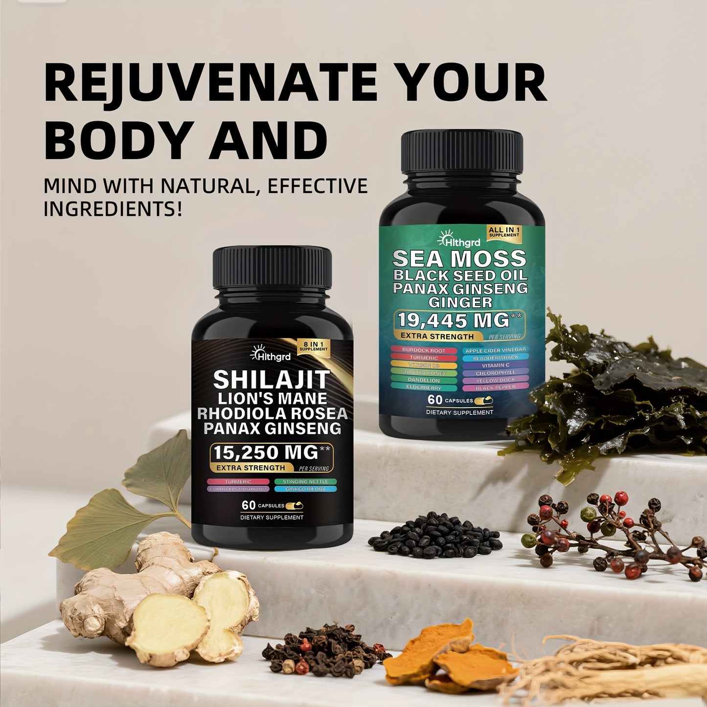 Two supplement bottles with natural ingredients on a light background