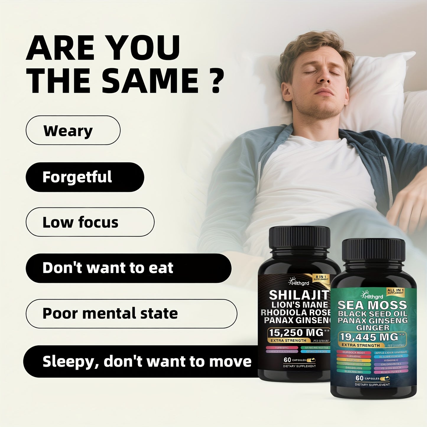Man lying in bed with supplement bottles on a white background