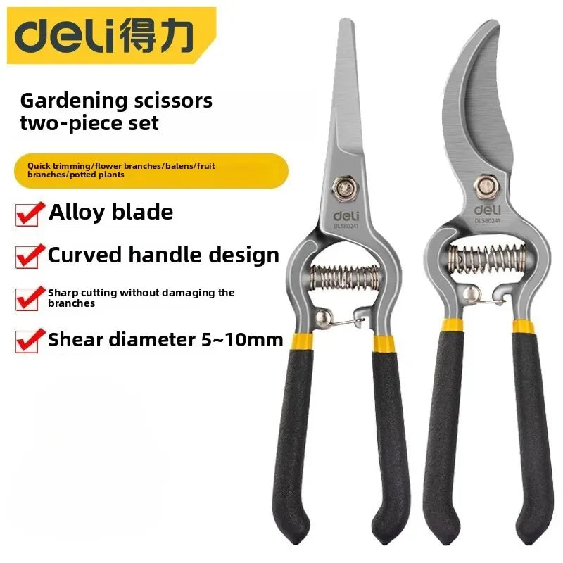 Deli 2 Pcs/set Garden Pruner Shears Bonsai Gardening Pruning Shears Curved and Straight Nose Scissors for The Garden Hand Tools
