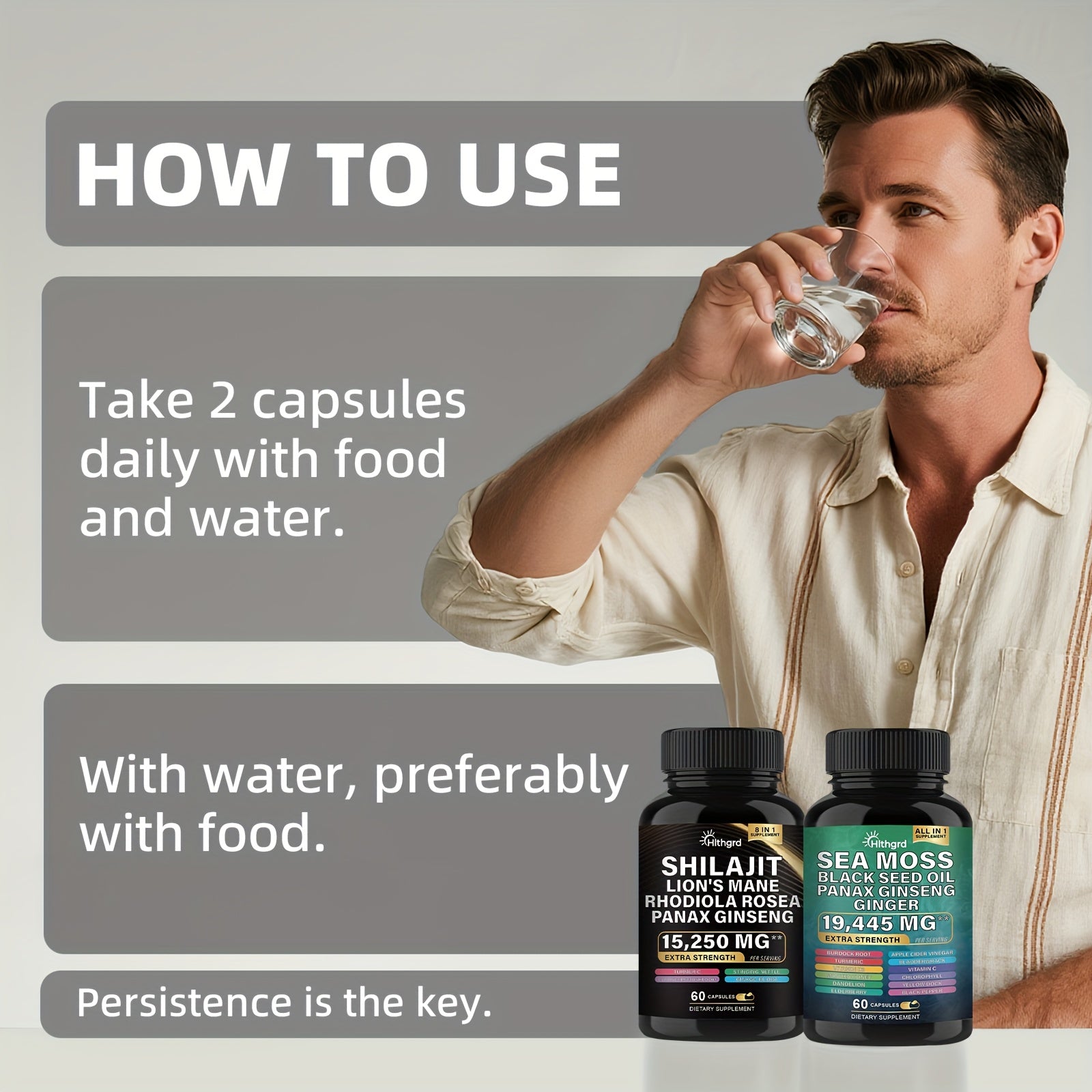 Man holding a glass of water with supplement bottles and usage instructions on a gray background