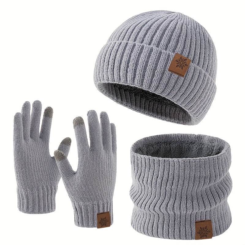 Three - Piece Winter Knit Set – Faux Leather Hat & Gloves - 4USelects