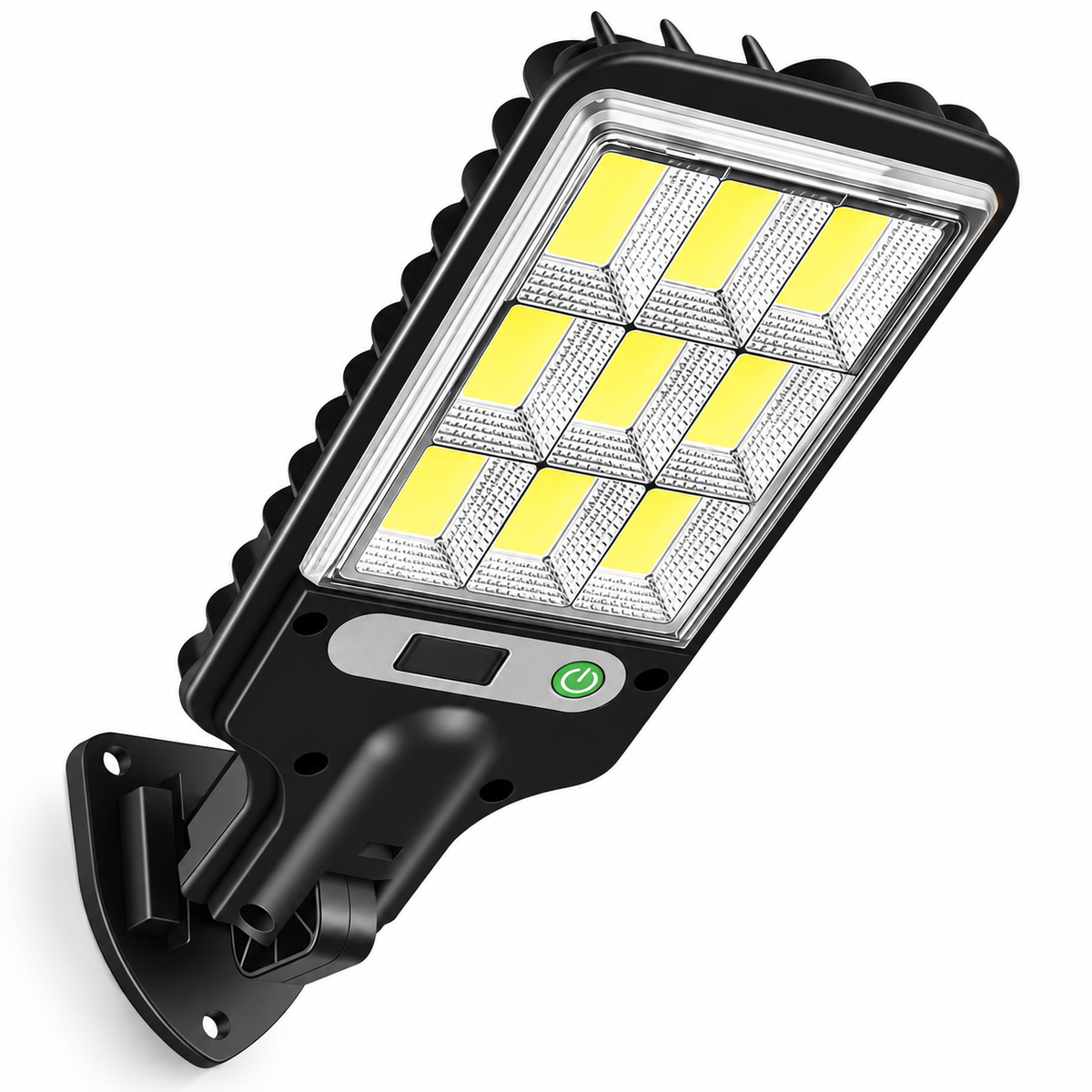 Farola solar LED exterior de 108 COB con sensor de movimiento, color negro y soporte de pared, sobre fondo blanco
