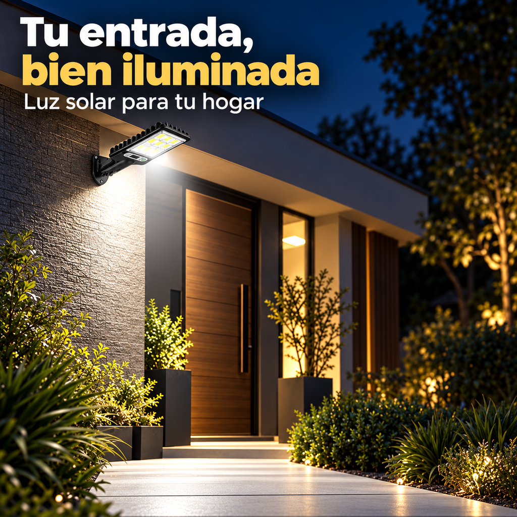 Farola solar LED instalada en la pared iluminando la entrada de una casa moderna de noche