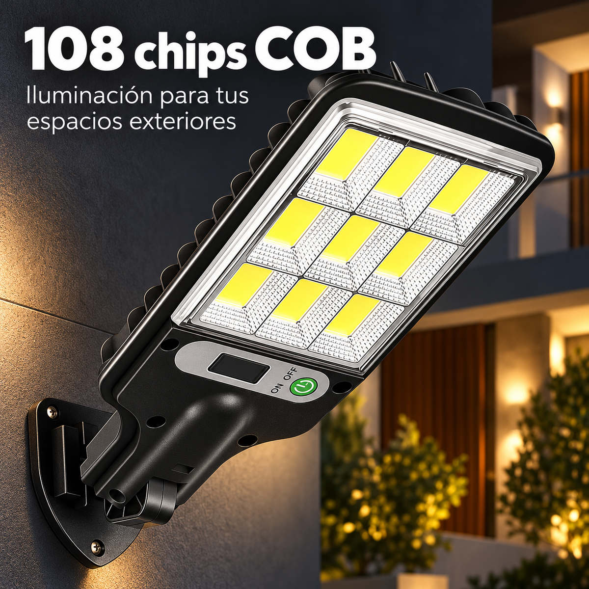 Detalle de los 108 chips LED COB de la farola solar para iluminar patio, jardín y espacios exteriores