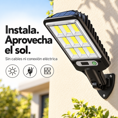 Farola solar LED sin cables ni conexión eléctrica, con panel solar integrado, montada en una pared exterior
