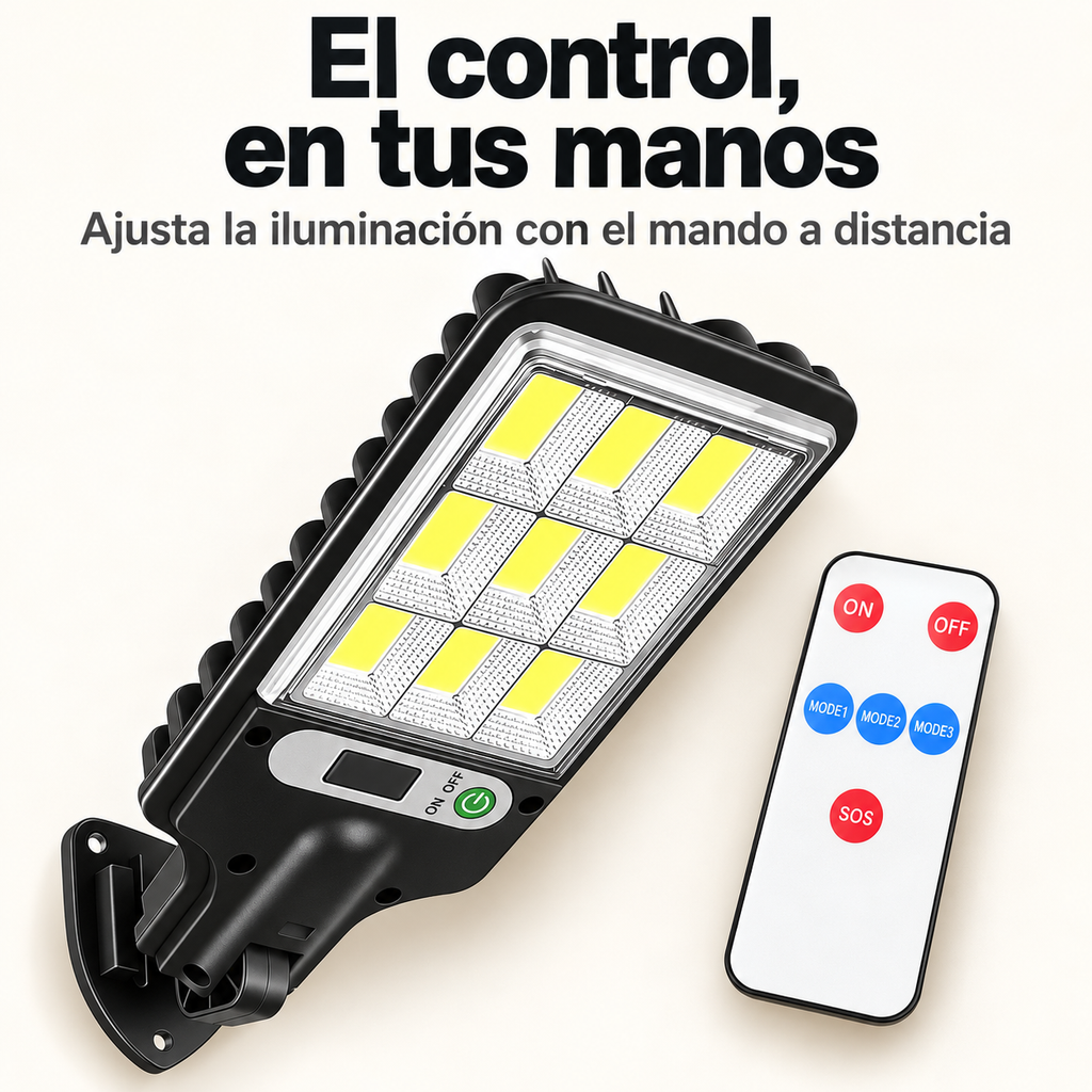 Farola solar LED con control remoto de 3 modos y botones ON/OFF y SOS para ajustar la iluminación