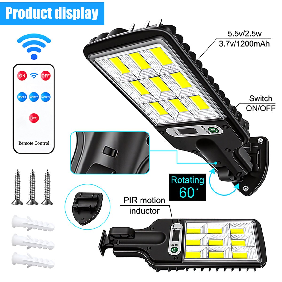 Partes de la farola solar LED: panel solar 5.5 V, interruptor ON/OFF, sensor PIR, soporte giratorio 60° y taquetes