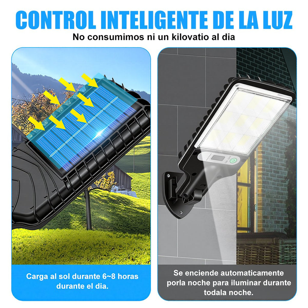 Farola solar LED cargándose con el sol de día y encendida de noche en la fachada de una casa