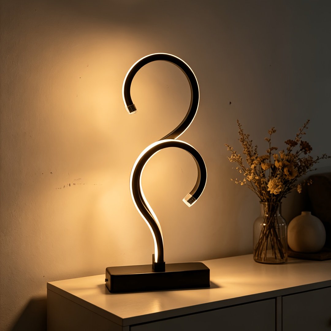 Lámpara de Mesa LED Espiral Signo Interrogación encendida sobre un escritorio de madera