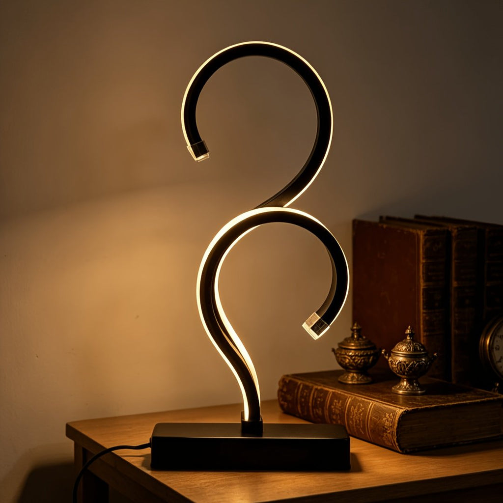 Lámpara de Mesa LED Espiral Signo Interrogación detalle del acabado y la estructura de metal