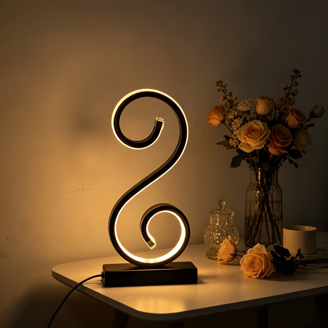 Lámpara de Mesa LED Espiral en S Negra USB vista frontal con la luz cálida encendida
