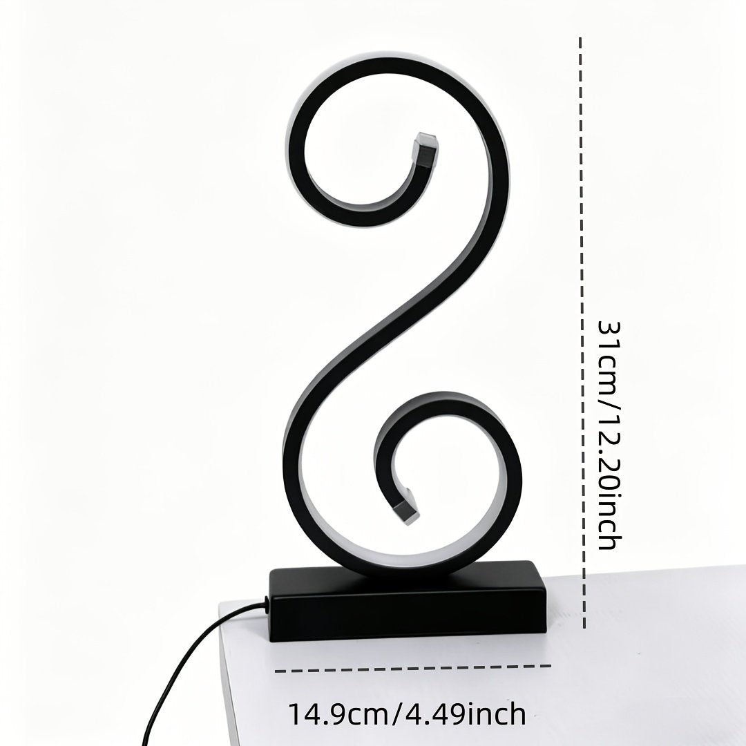 Lámpara de Mesa LED Espiral en S Negra USB detalle del acabado y la estructura de metal