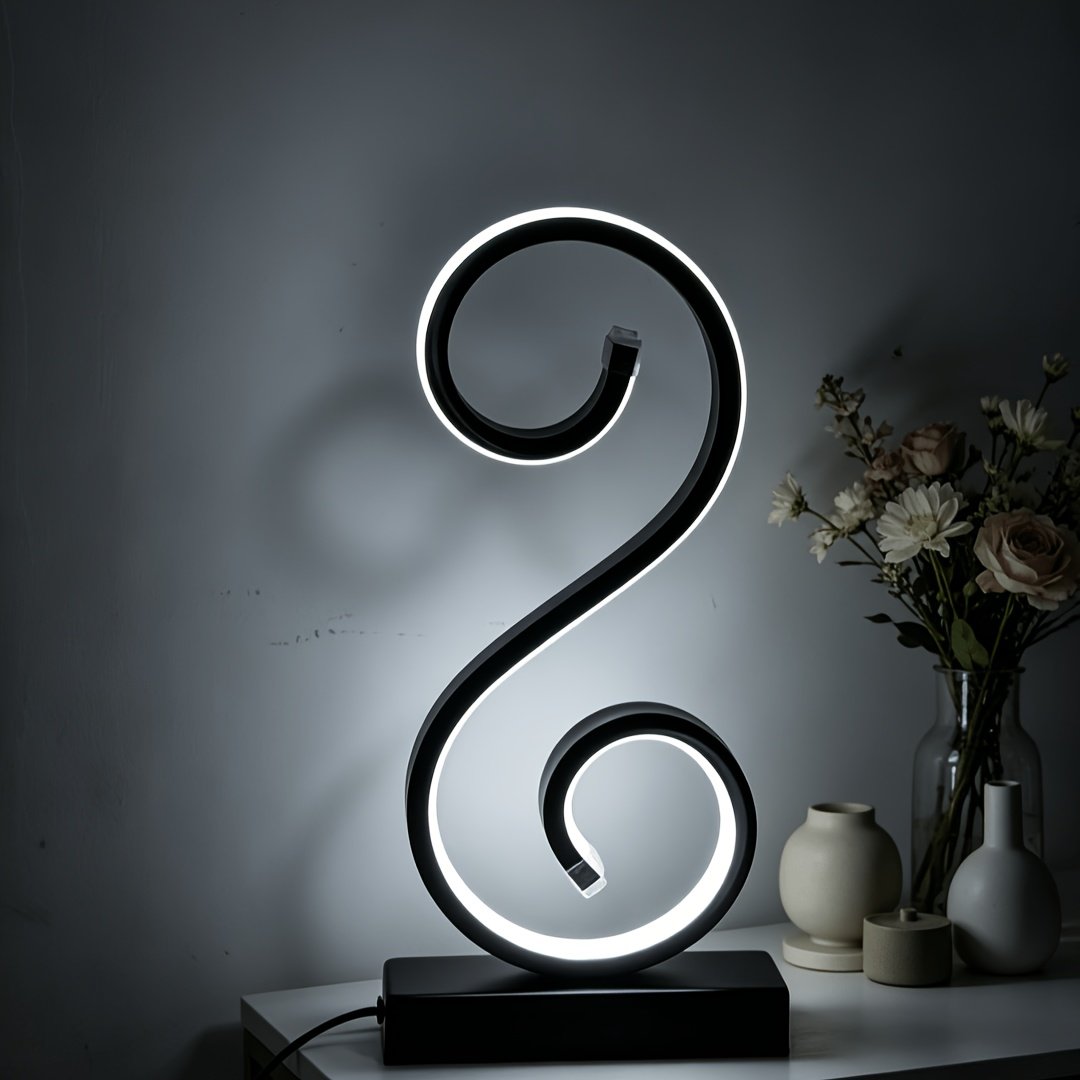 Lámpara de Mesa LED Espiral en S Negra USB vista lateral que muestra el perfil completo
