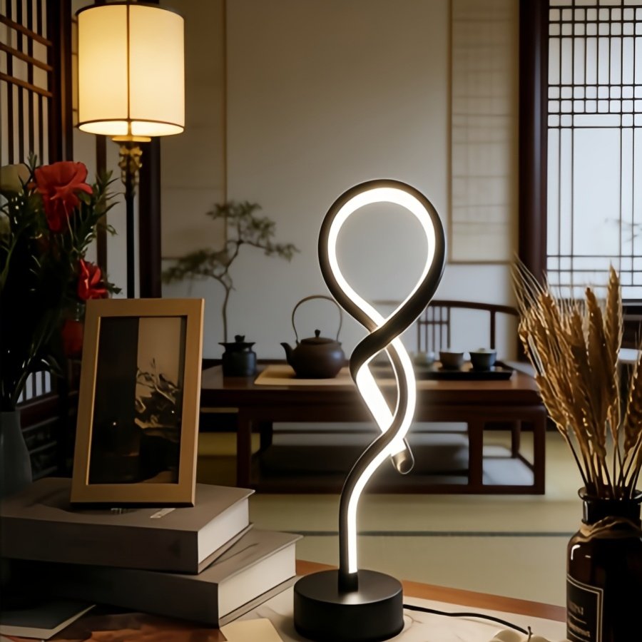 Lámpara de Mesa LED Infinito RGB Regulable vista frontal con la luz cálida encendida