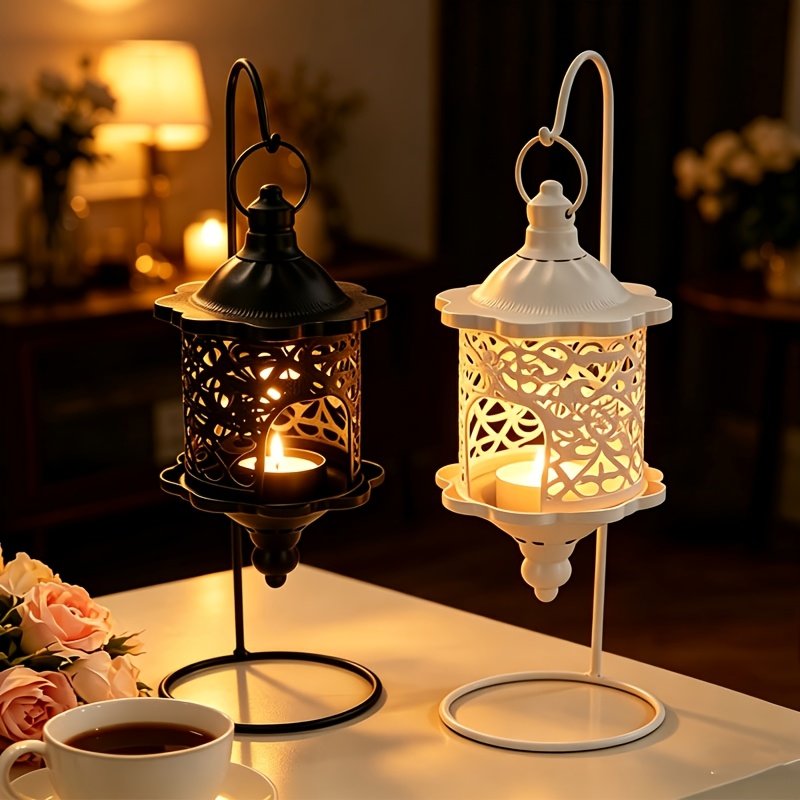 Portavelas Farol Vintage Calado para Velas de Té vista frontal del farol completo