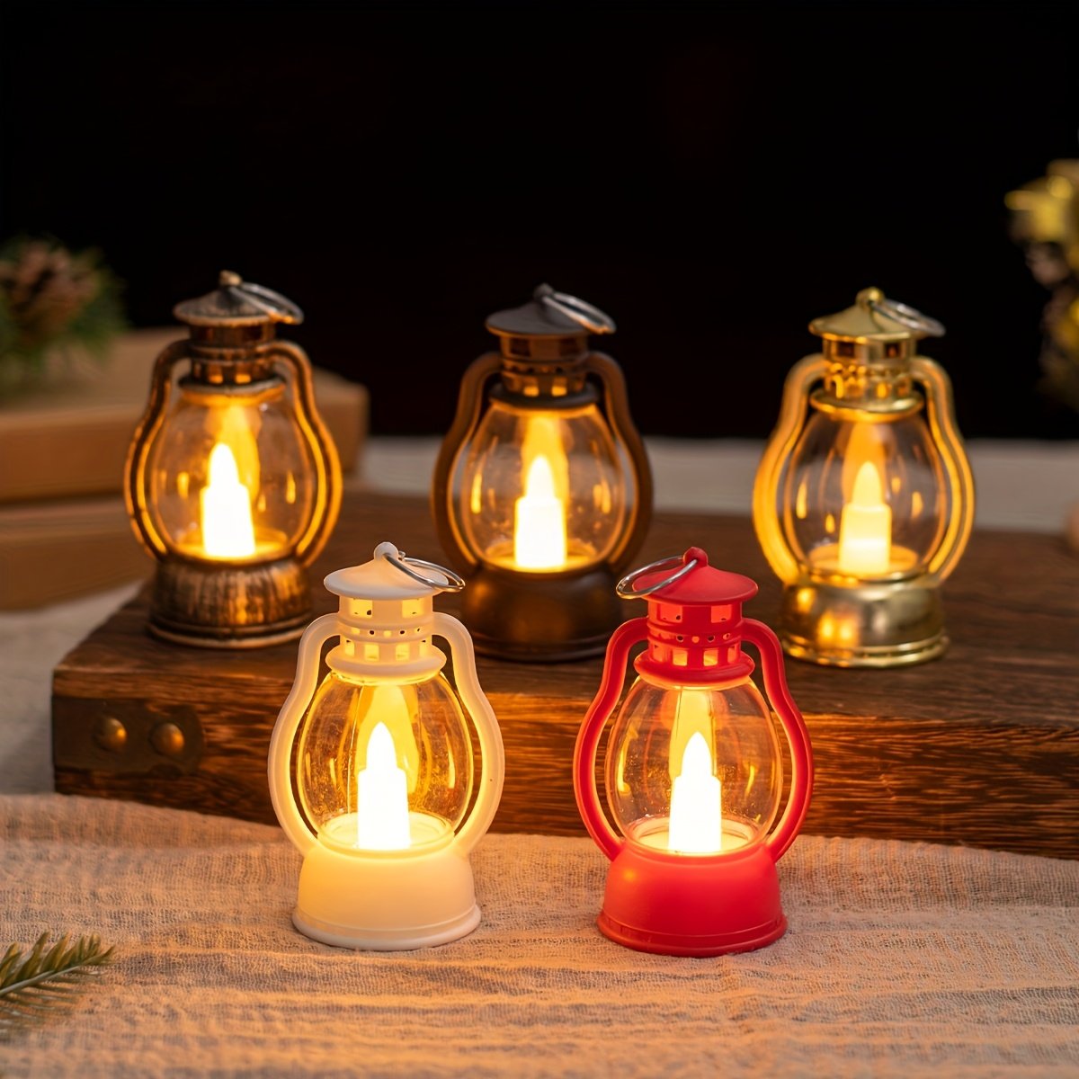 Farol LED Vintage a Batería Decorativo apagado mostrando el acabado metálico