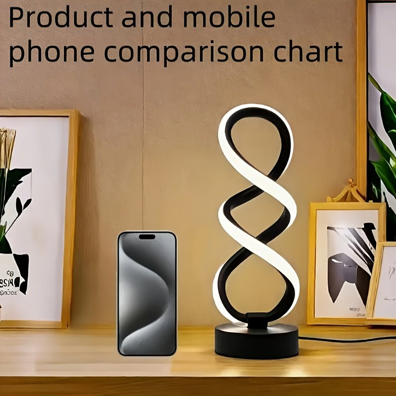 Lámpara de Escritorio LED Espiral Minimalista USB vista frontal con la luz cálida encendida