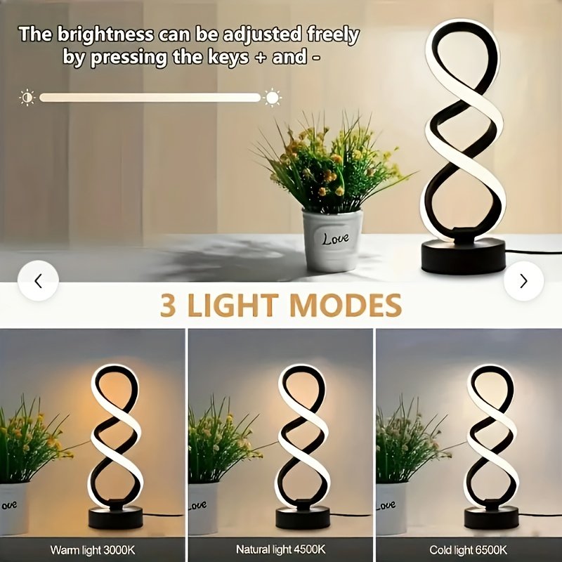 Lámpara de Escritorio LED Espiral Minimalista USB apagada sobre un buró junto a la cama