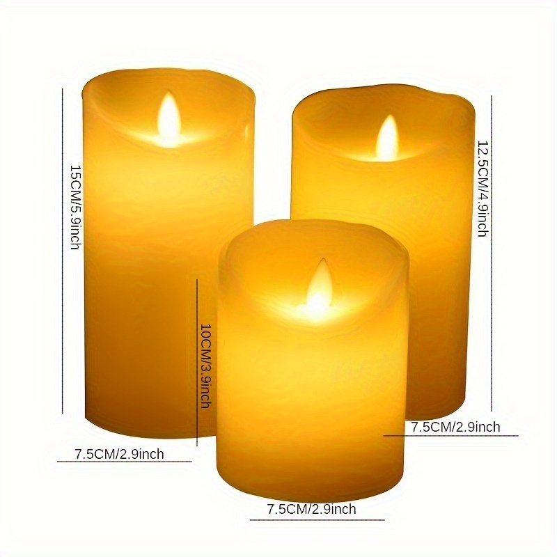 Velas LED sin Llama Marfil 3 Piezas Efecto Real encendidas sobre una mesa de comedor