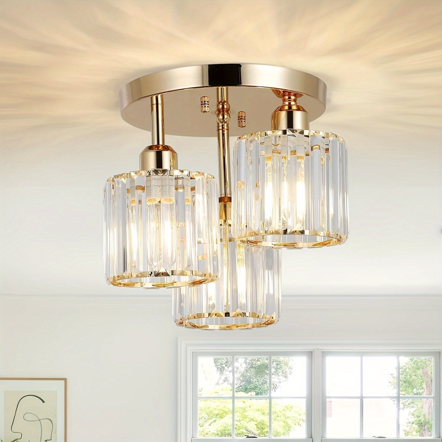 Crystal Ceiling Light Fixture - 3 - Light Gold Semi - Flush - 4USelects