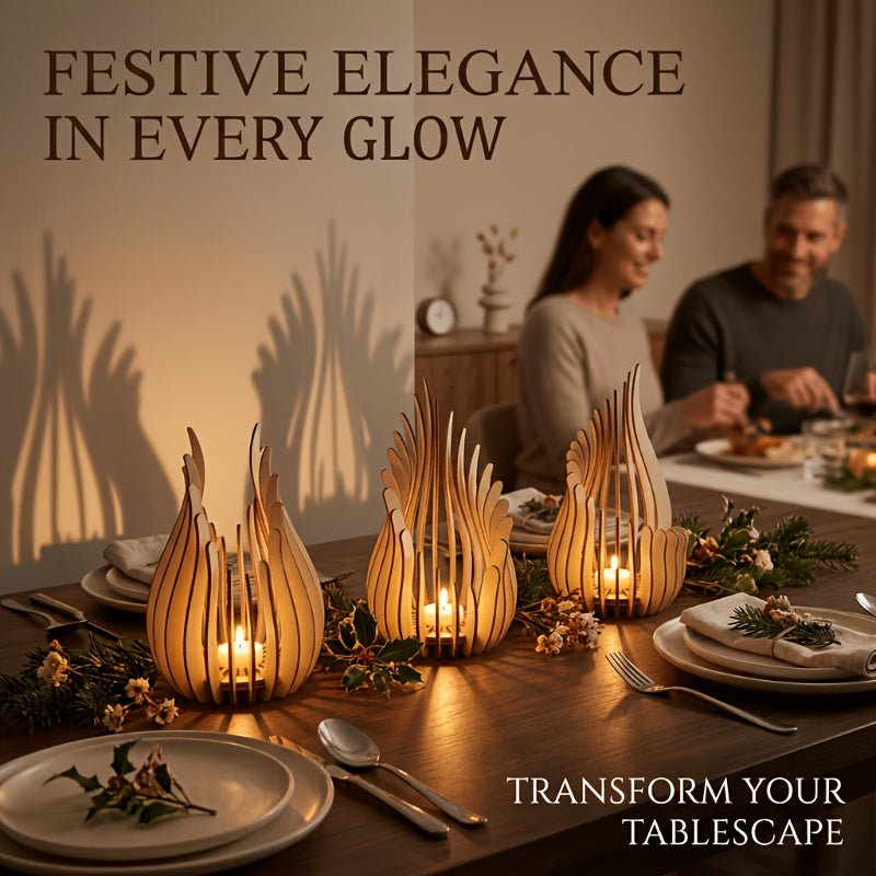Flame - Shaped Wood Candle Holder Set – 3pcs - 4USelects