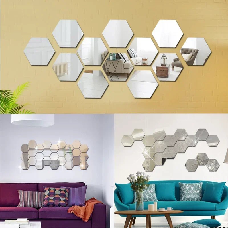 Hexagonal Acrylic Mirror Wall Stickers - 12Pcs Set - 4USelects