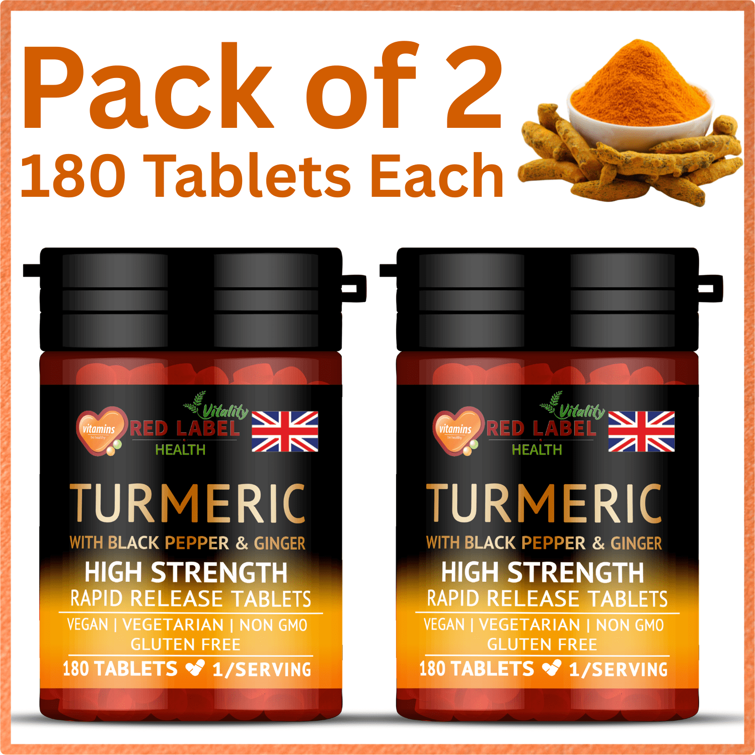 High - Strength Turmeric Tablets with Ginger & Black Pepper – 95% Curcumin (Pack of 2) - 4USelects