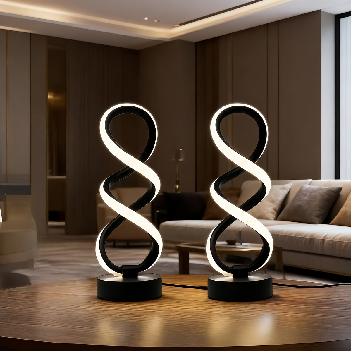 Lámparas de Mesa LED Espiral Regulables 3 Colores vista frontal con la luz cálida encendida