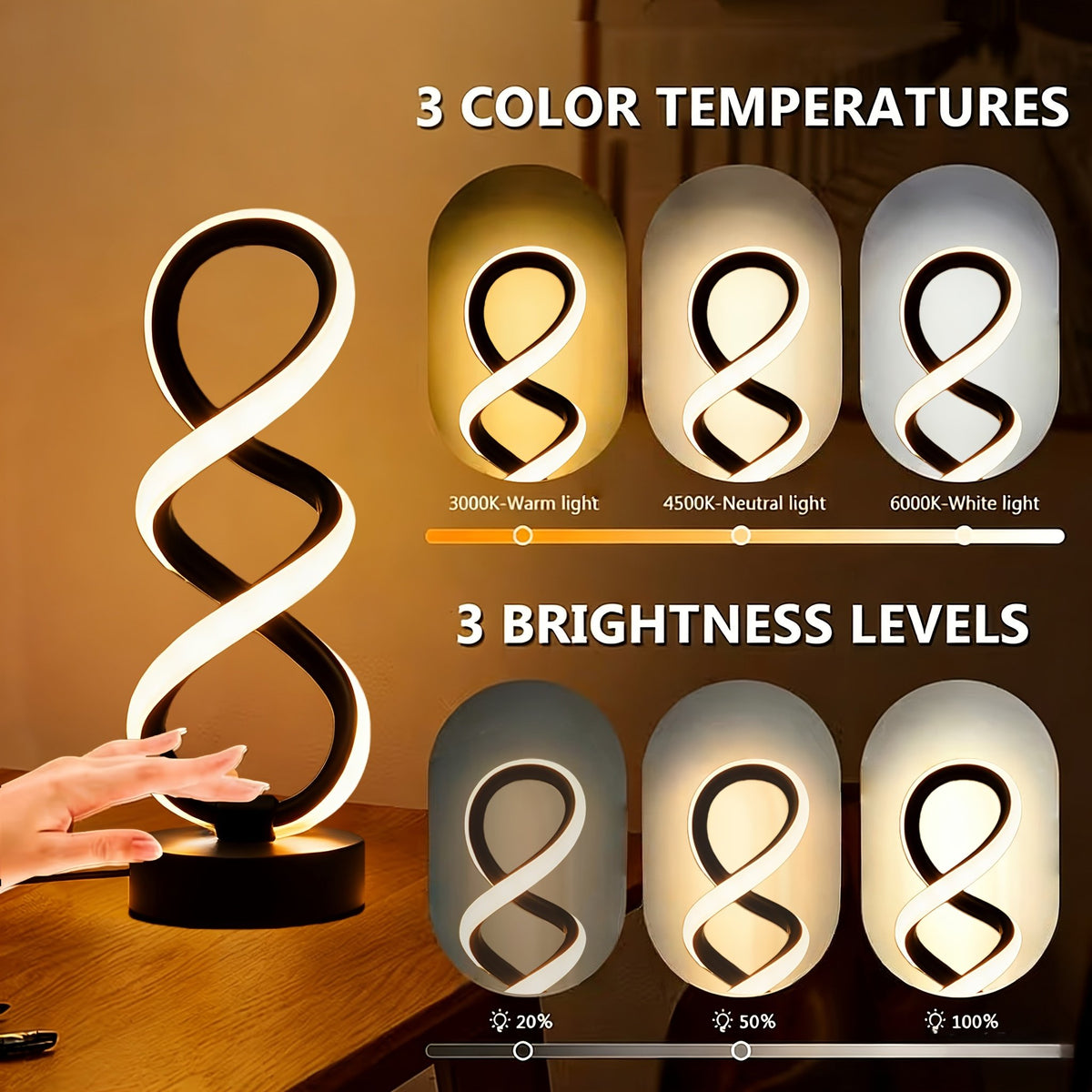 Lámparas de Mesa LED Espiral Regulables 3 Colores apagada sobre un buró junto a la cama