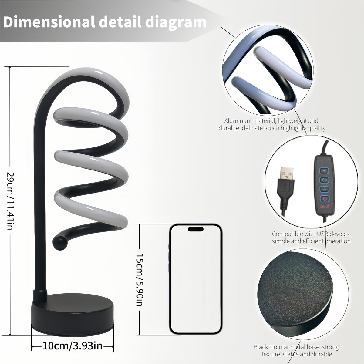 Lámpara de Escritorio LED Espiral Curva Luz Cálida vista frontal con la luz cálida encendida