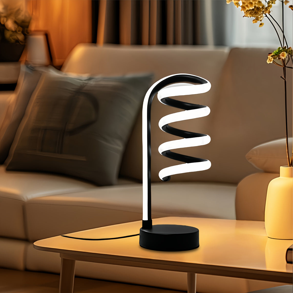 Lámpara de Escritorio LED Espiral Curva Luz Cálida detalle del acabado y la estructura de metal