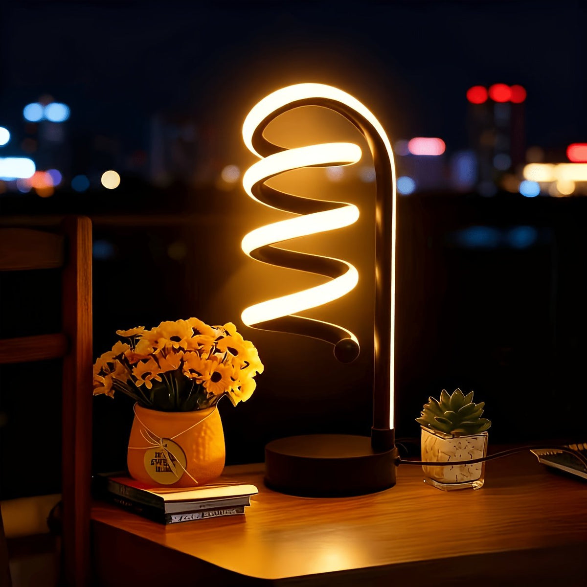 Lámpara de Escritorio LED Espiral Curva Luz Cálida apagada sobre un buró junto a la cama
