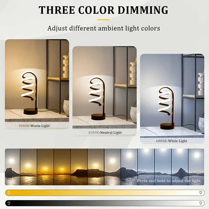 Lámpara de Escritorio LED Espiral Curva Luz Cálida vista lateral que muestra el perfil completo