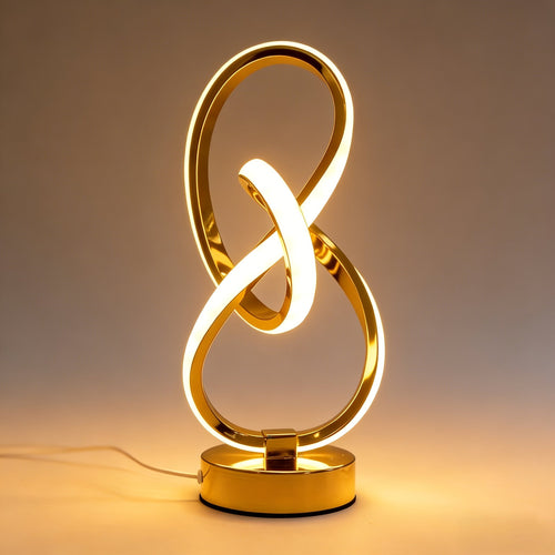 Lámpara de Escritorio Espiral USB Dorada 3 Colores vista frontal con la luz cálida encendida