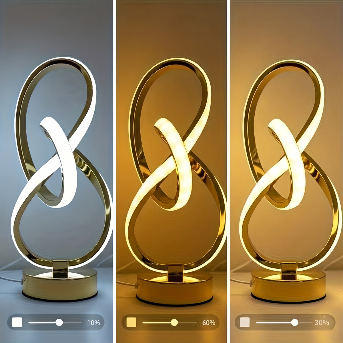 Lámpara de Escritorio Espiral USB Negra y Dorada encendida sobre un escritorio de madera