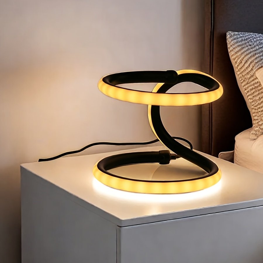 Lámpara de Mesa LED Doble Anillo Infinito Dorada vista lateral que muestra el perfil completo