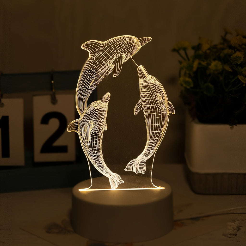 Lámpara de Noche LED 3D Delfín USB Decorativa detalle del grabado y la base iluminada