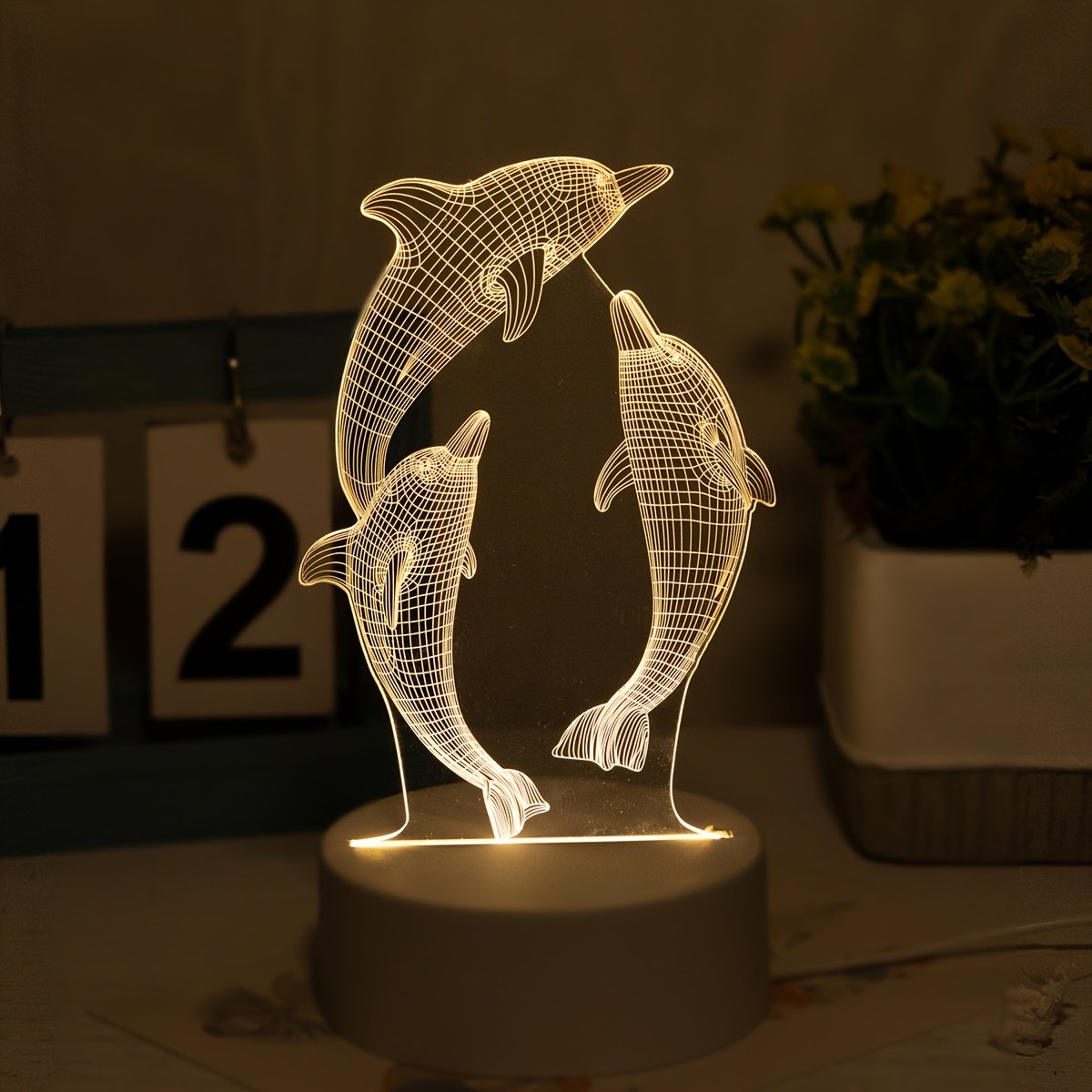Lámpara de Noche LED 3D Delfín USB Decorativa detalle del grabado y la base iluminada