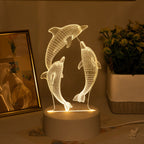 Lámpara de Noche LED 3D Delfín USB Decorativa vista frontal con la luz encendida