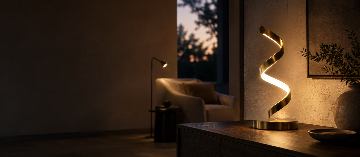 Lámpara de mesa LED en espiral con acabado de latón encendida sobre un mueble de madera en una sala al atardecer — 4USelects