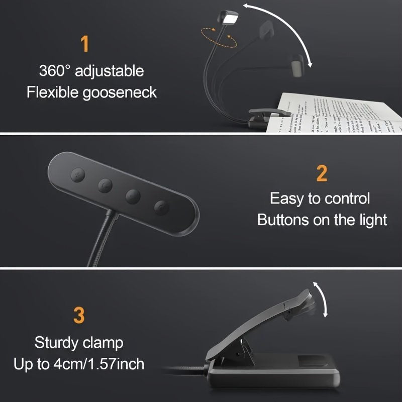 Lámpara de Lectura LED con Pinza Cuello Flexible vista frontal con la luz cálida encendida