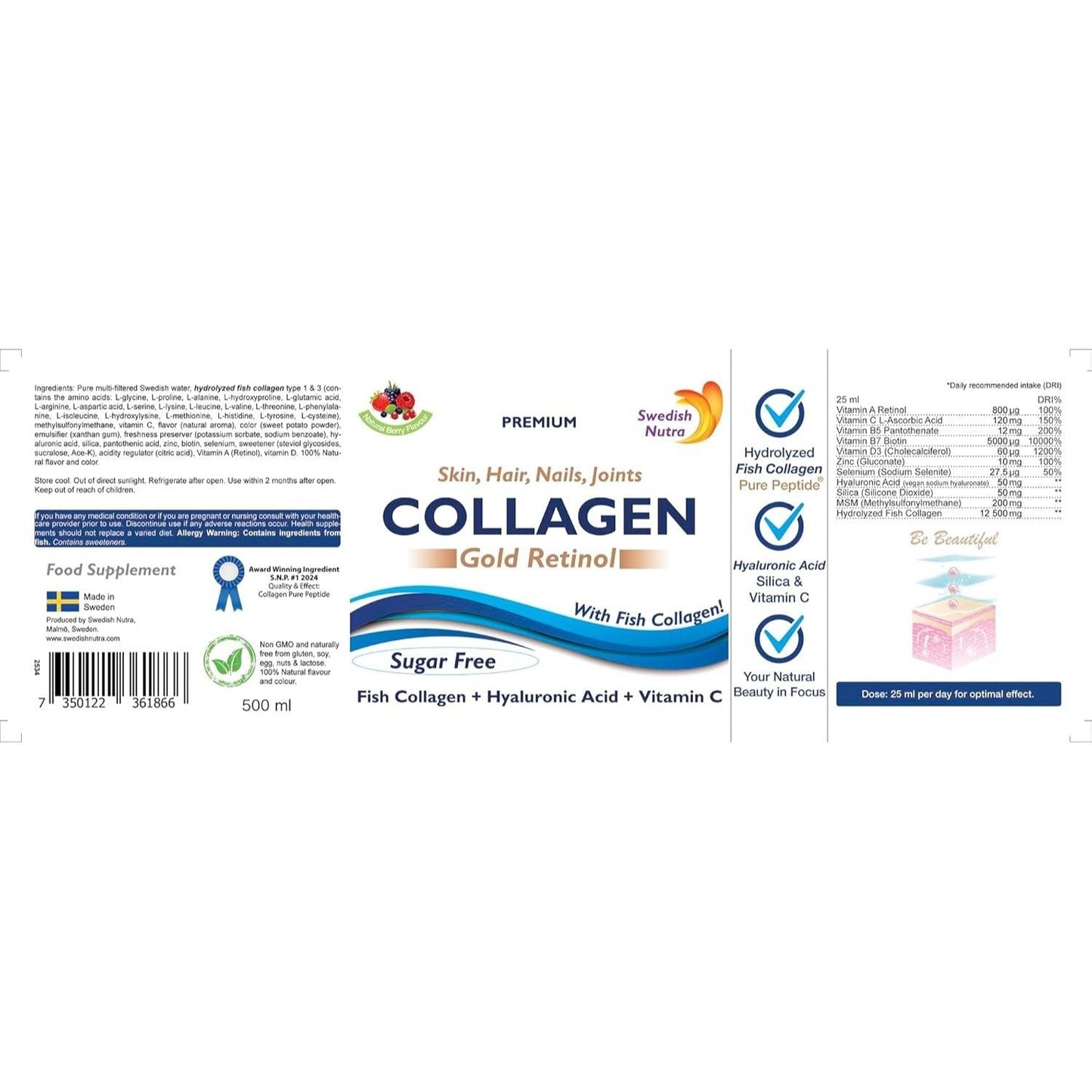 Liquid Marine Collagen 12 500 mg + Gold Retinol – Swedish Nutra 500 ml - 4USelects