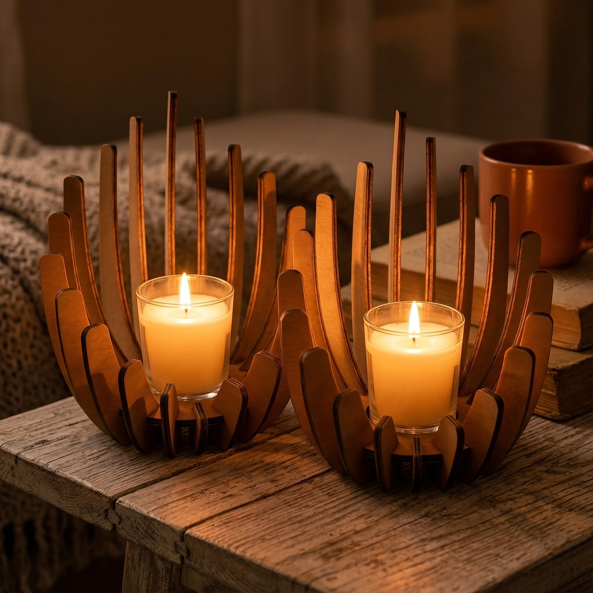 Lotus Wood Tealight Holder Set – 2pcs Handcrafted - 4USelects