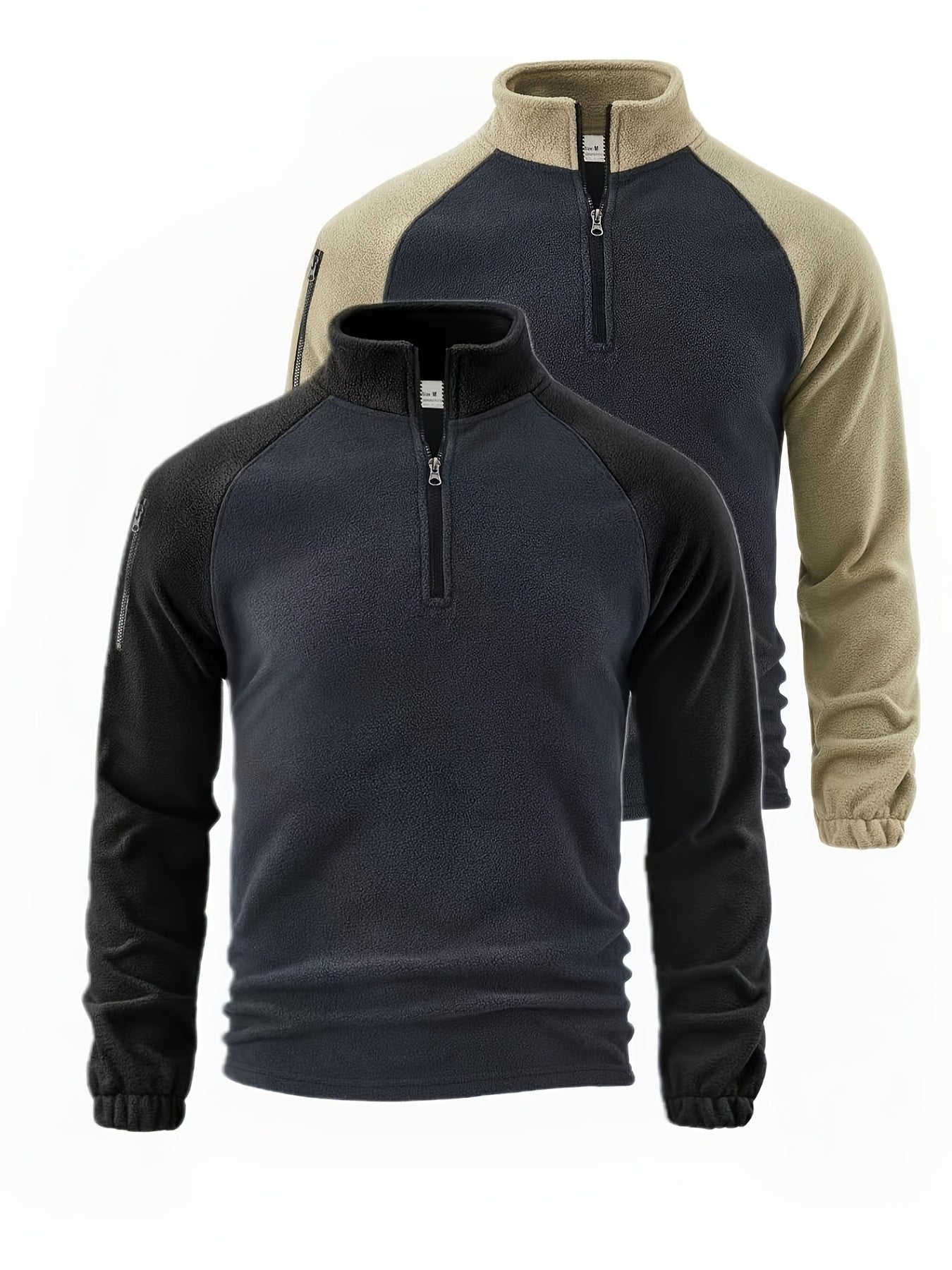 Men’s 2 - Pack Fleece - Lined Zip - Up Henley Shirts – Navy & Beige - 4USelects